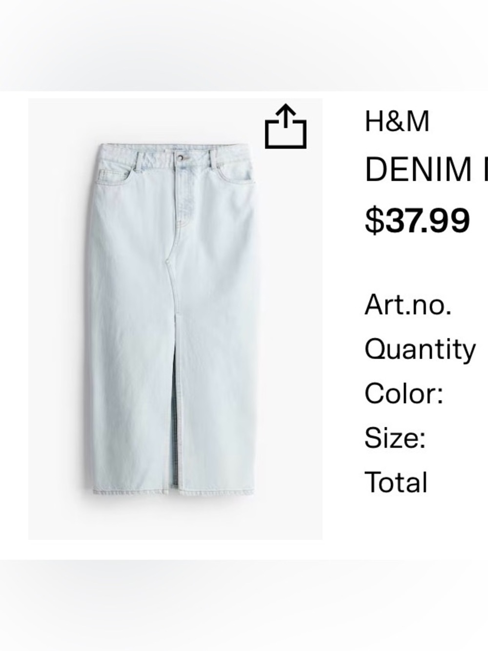 H&M Light Wash Denim Midi Skirt